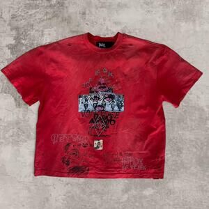 Play Void Dario Rhinestone Tee Red Distressed Cropped USA Small Designer ERD